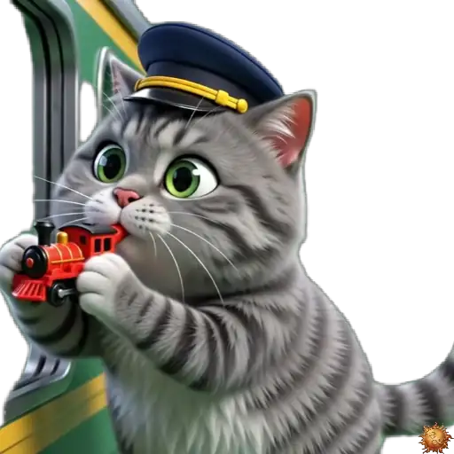 Sticker animado Gato Grey en tren para WhatsApp - tren, reacción, expresión