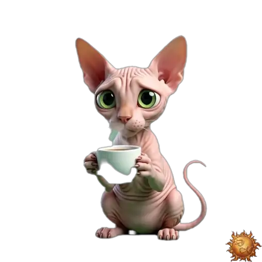 Sticker animado Gato Sphynx tomando café para WhatsApp Sticker animado Gato Sphynx tomando café para WhatsApp - café, cansancio, pausa